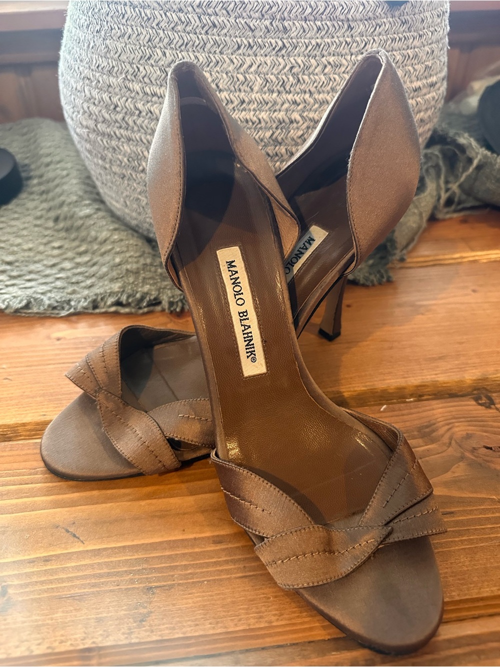 Manolo Blahnik Brown Satin Open D'Orsay Heels